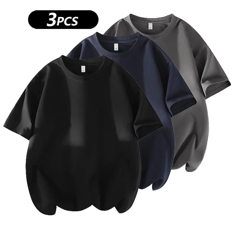 summervibes Men's 3PCS 100% cotton Crew Neck T-Shirts Set - Soft Loose Fit Navy Gray Black Tees for Casual Daily Wear Crewneck Classic