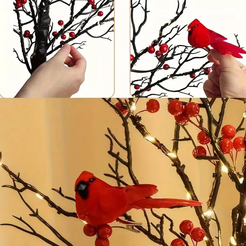 Festival Luminous Vintage Design 2-Piece 21-in Faux Raspberry Tree Stand Decorative Lights - AA-Powered, Red Raspberries, 8 Bird Decorations, Desktop Home/Party Decor for Weddings, Birthdays