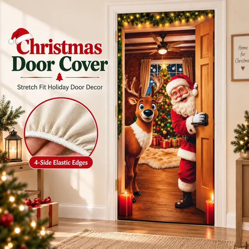 Colorful Santa Theme Reindeer Print Stretch Fabric Christmas Door Cover - 4-Side Elastic Edges, Slip-On Stretch Fit Banner for Front Door Holiday Decorating Home Supplies,outdoorfun