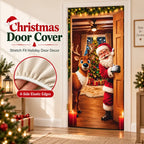 Colorful Santa Theme Reindeer Print Stretch Fabric Christmas Door Cover - 4-Side Elastic Edges, Slip-On Stretch Fit Banner for Front Door Holiday Decorating Home Supplies,outdoorfun