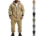 Men’s Hooded Cargo Jumpsuit for Men, Multi-Pocket Zip Front Workwear Coveralls, Relaxed Fit Long Sleeve Utility One Piece Outfit, Outdoor Work Hiking Camping Travel Streetwear Casual Overall with Elastic Cuffs and Drawstring Hood