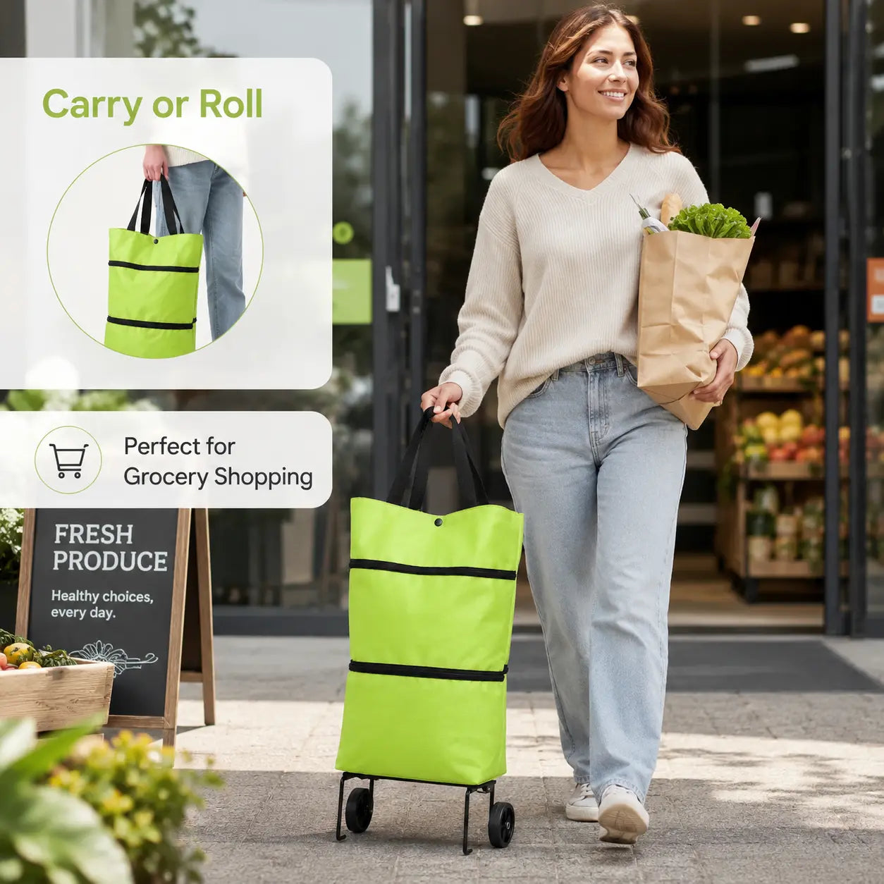 Foldable Shopping Trolley Bag with Wheels, Portable Reusable Grocery Tote, Lightweight Rolling Shopping Cart Bag with Carry Handles for Supermarket, Travel, Laundry and Daily Use