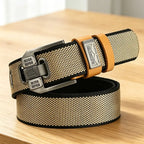 Unisex Minimalist Stylish Waistband Belt (1-Piece), Casual Business Trendy Belt for Women, Buckle-Free Easy Adjustable Holeless Eyelet-Free Cotton-PU Leather Strap, Large Square Alloy Buckle with Brass Accents, Durable Flexible Slip-On, Holiday Gift