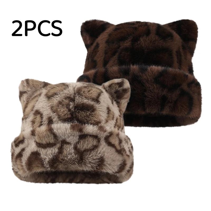 Cute Cat Ear Plush Hat, Fuzzy Leopard Print Winter Beanie, Soft Warm Cuffed Animal Hat for Women and Teens, Daily Wear, Holiday Gift