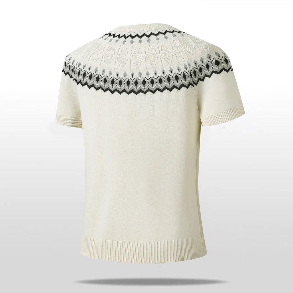 Short sleeve crew neck knit sweater with vintage fair isle jacquard yoke pattern, fine soft knit ribbed trim tailored slim silhouette retro casual top staple for layered modern street mensfashion styling