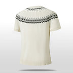 Short sleeve crew neck knit sweater with vintage fair isle jacquard yoke pattern, fine soft knit ribbed trim tailored slim silhouette retro casual top staple for layered modern street mensfashion styling
