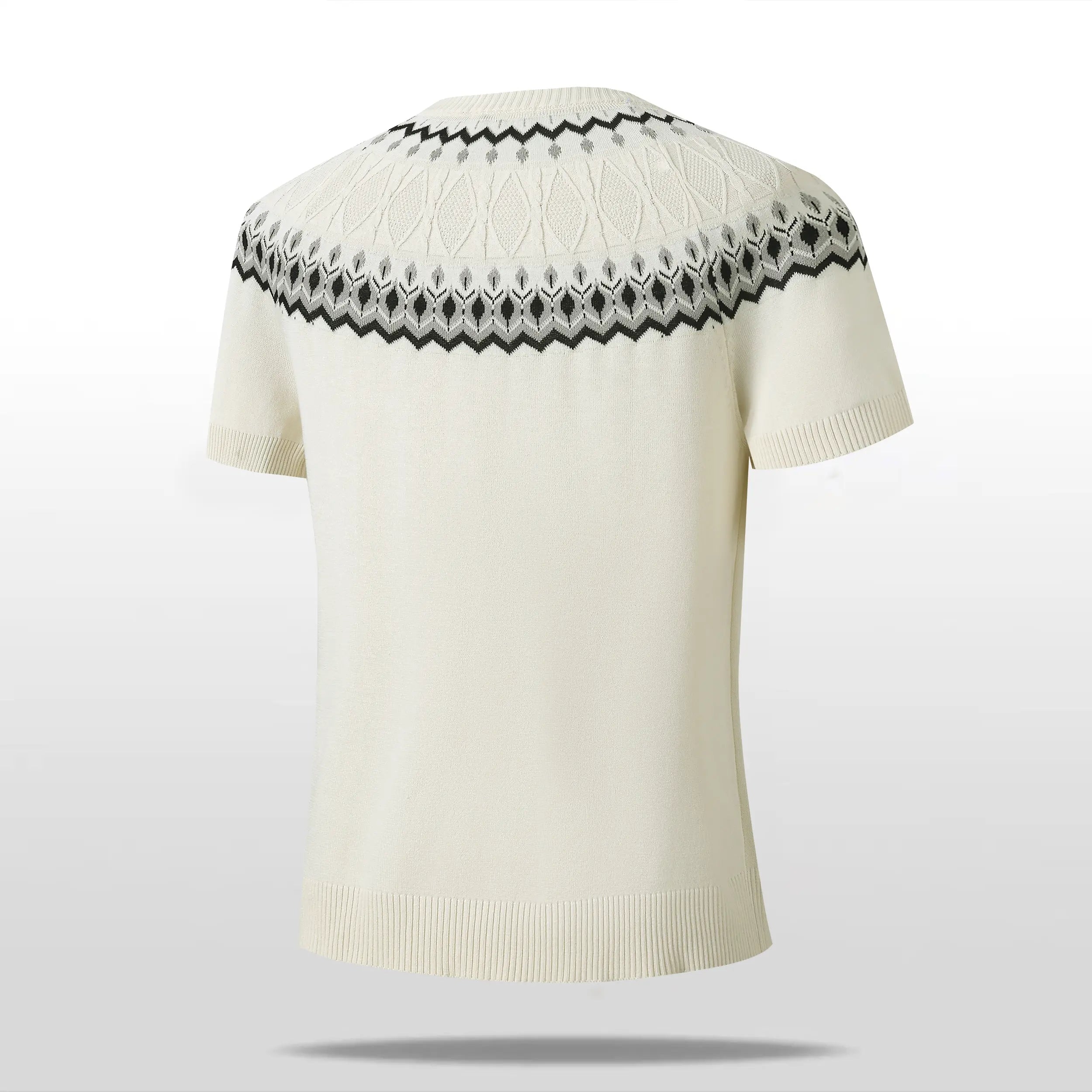 Short sleeve crew neck knit sweater with vintage fair isle jacquard yoke pattern, fine soft knit ribbed trim tailored slim silhouette retro casual top staple for layered modern street mensfashion styling
