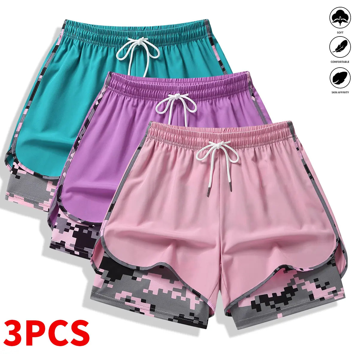 [3-Pack] Women's Athletic Shorts with Liner: Elastic Drawstring Running Shorts
