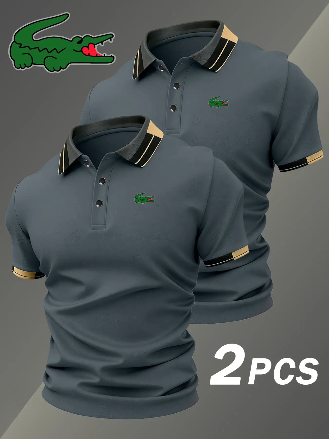 Men's Crocodile Print Polo Shirt, Elastic Classic Casual Breathable, Four-Season Wear, Comfortable Durable Polo, Two-Piece Set