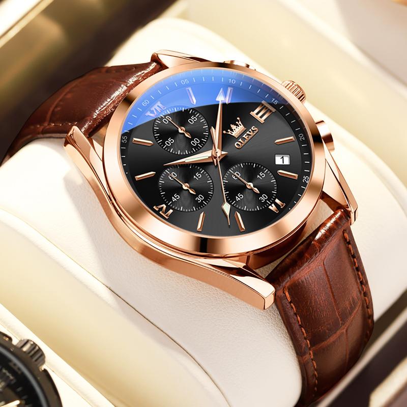OLEVS Men's Chronograph Watch with Leather Strap, Luminous Hands and Gold Case for Daily Wear