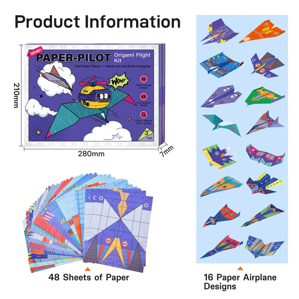 Leven DIY Paper Airplane Book, 16 Creative Folding Paper Planes with 48 Sheets of Colorful Origami Paper, Arts & Crafts Kit with Video Tutorials – Gifts for Boys and Girls Ages 6–12+ 11 * 8.3 inches
