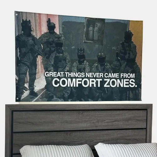 "No Comfort Zones" Motivational Durable Tapestry - Home Decor Item, Hanging Wall Art, College Flag Banner, Room Decor, Living Room Display, Outdoors Use Accessory