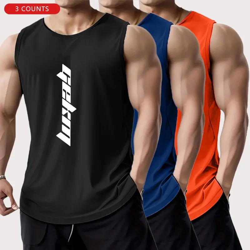 3-Pack Men's Letter Print Basketball Jersey Tank Tops - Breathable Polyester Mesh