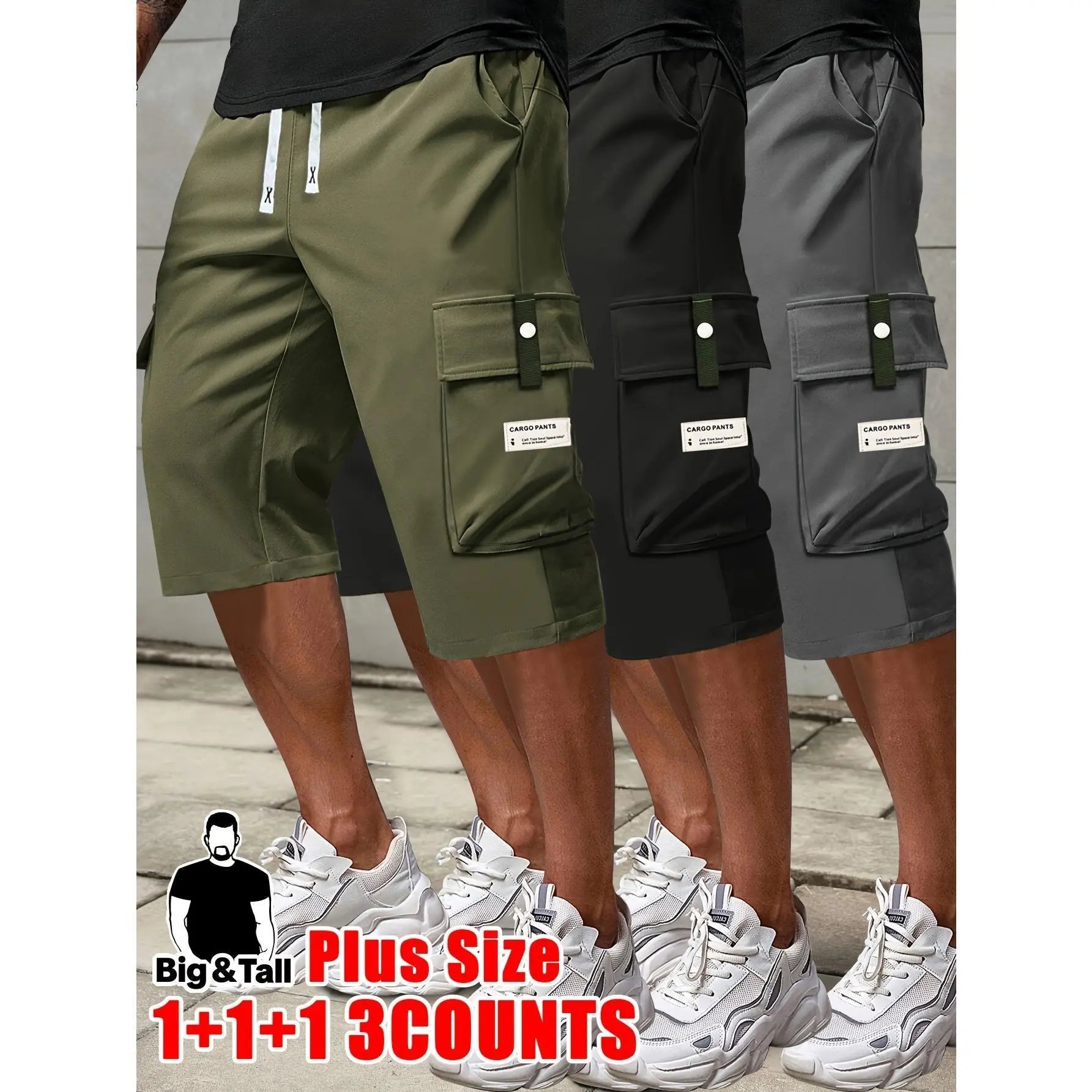 Men's Plus Size Cargo Shorts - Elastic Drawstring Waist & Multi-Pockets