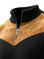 Men's Half-Zip Stand Collar Knit Top, Suede Texture Shoulder Patches, Bull Head Print, Slim Fit, Retro American Style, Casual Wear, Knitwear