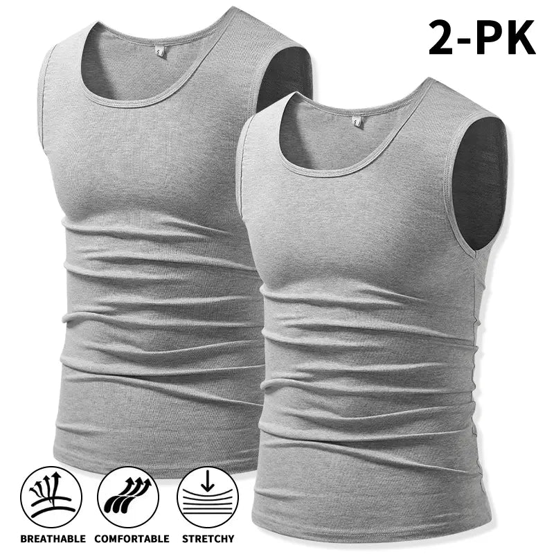 Men 4Pack Cotton Muscle Tank Tops Comfort Stretchy Breathable Summer Workout Sleeveless Sports Undershirts (optional sets of 4 or 2) High Elasticity Lifestyle Beater