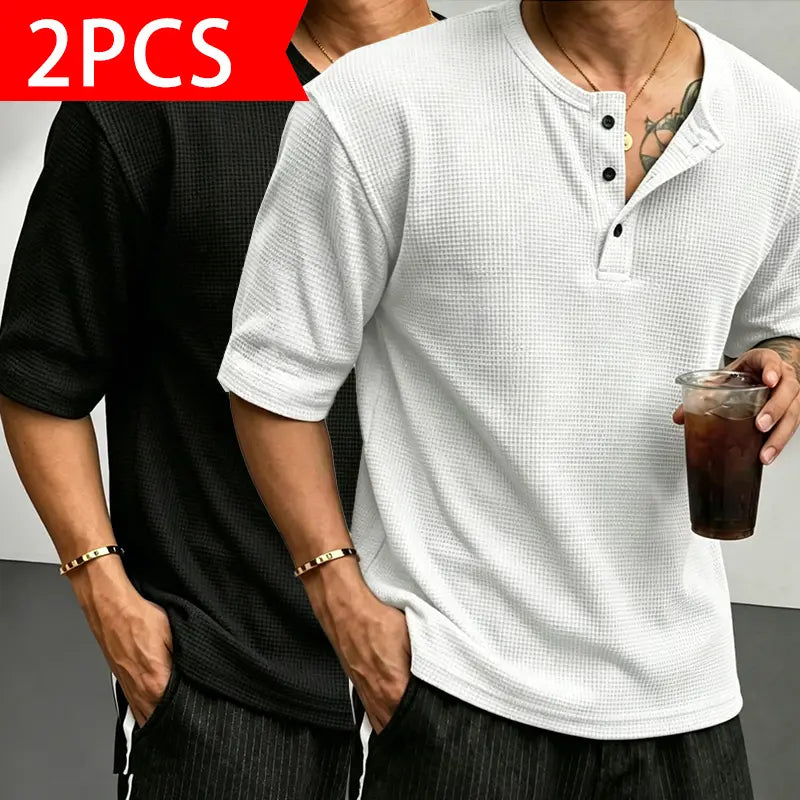 Men’s waffle-knit Henley-collar T-shirt featuring a half-button placket and small stand collar design, breathable textured knit fabric, relaxed drop-shoulder fit, solid color basic top for everyday casual wear.