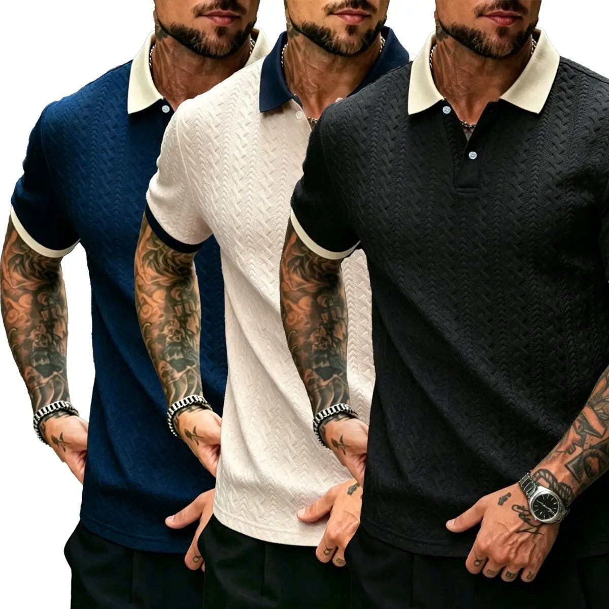 CasualCool Men's Old Money Contrast Knit Short-Sleeve Polo Shirt (Cream)