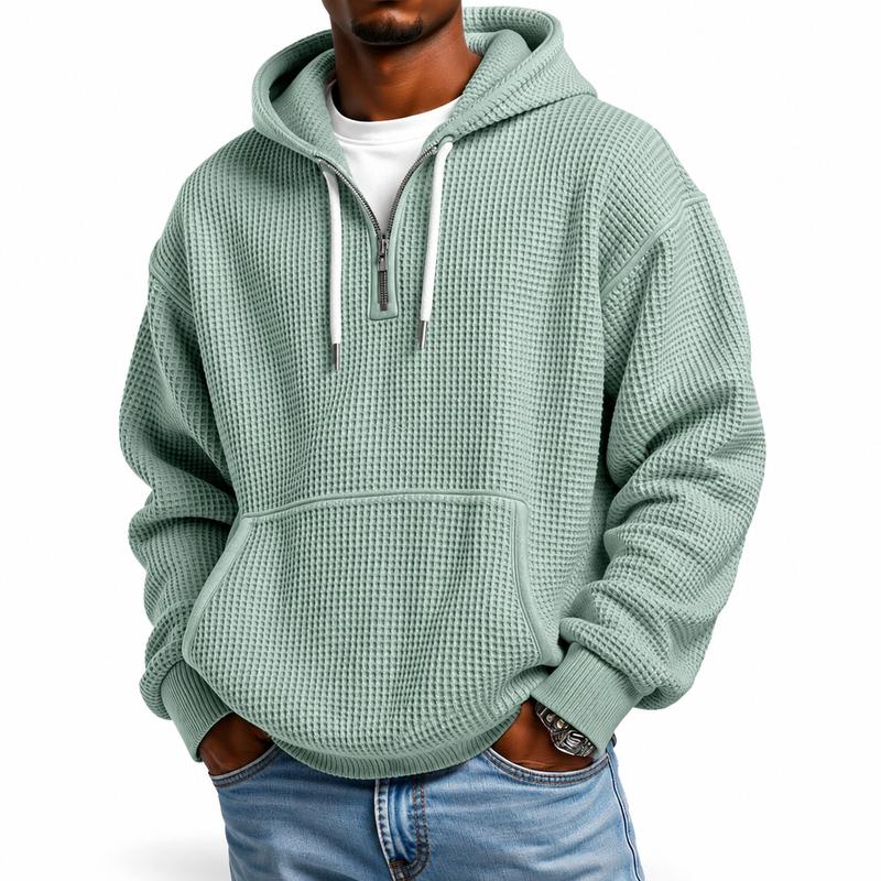 Men's Waffle Knit Half-Zip Hoodie - Casual Plain Streetwear Sweatshirt, Loose Ribbed Pullover, Soft Textured Fabric, Kangaroo Pocket, Long Sleeve, Fall Winter Outdoor Daily Layer