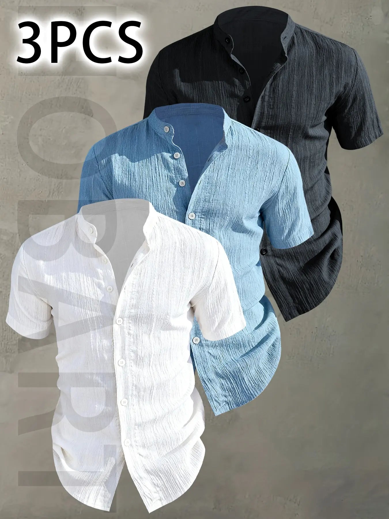 3pcs Men's Summer Lightweight Casual Button-Up Shirts with Stand Collar