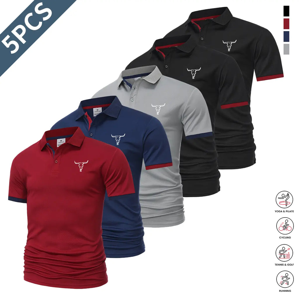 5-piece set: casual men’s short-sleeve polo shirt, quick-dry golf and tennis shirts, comfortable riding apparel, fashionable men’s sportswear; suitable for casual gatherings and holiday travel; contrast design at the neckline and sleeves.
