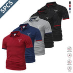 5-piece set: casual men’s short-sleeve polo shirt, quick-dry golf and tennis shirts, comfortable riding apparel, fashionable men’s sportswear; suitable for casual gatherings and holiday travel; contrast design at the neckline and sleeves.