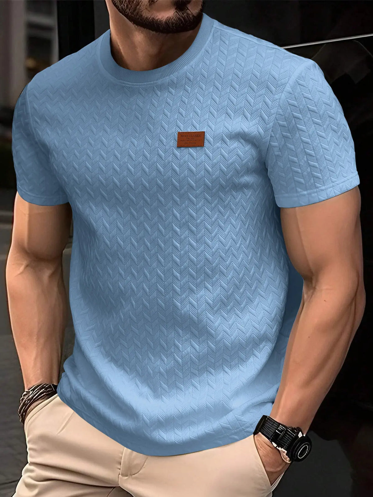 Men's Casual Textured Fabric Short Sleeve Fitted T-Shirt, Ribbed Round Neck Top, Summer Solid Color Plain Fashion Streetwear Men's Clothing, Menswear