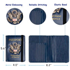 RFID Blocking Passport Holder for Women Men, Leather Passport Travel Wallet with Metal 3D Metal Badge, Travel Document Holder Cover Accessories (Dark Blue)