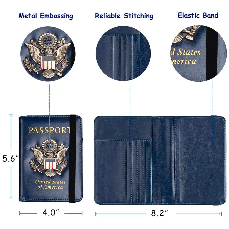 RFID Blocking Passport Holder for Women Men, Leather Passport Travel Wallet with Metal 3D Metal Badge, Travel Document Holder Cover Accessories (Dark Blue)