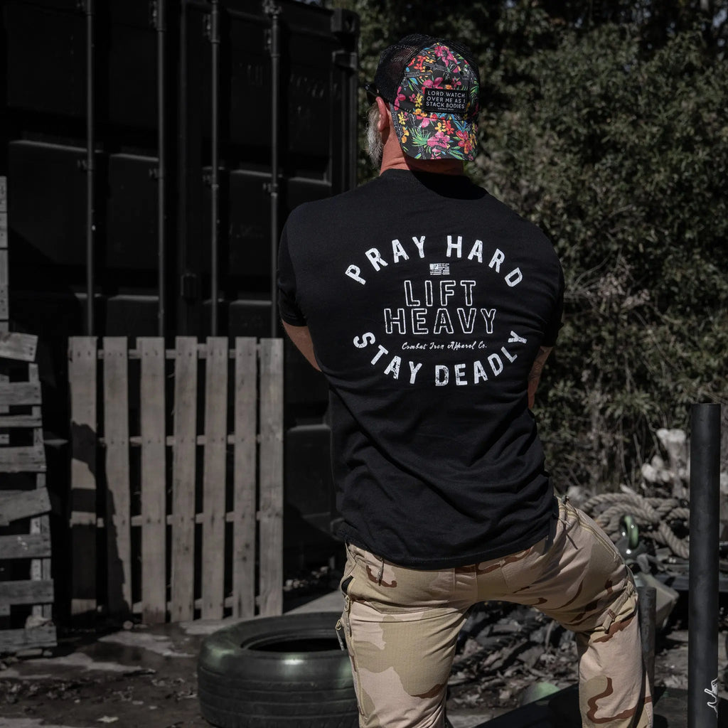 Pray Hard. Lift Heavy. Stay Deadly. Men's T-Shirt