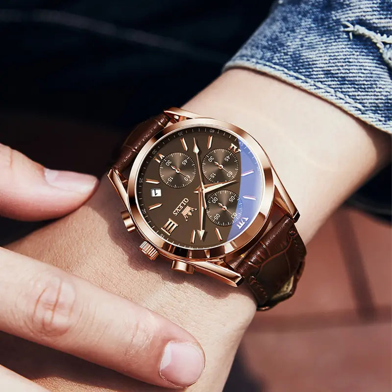 OLEVS Men's Chronograph Watch with Leather Strap, Luminous Hands and Gold Case for Daily Wear