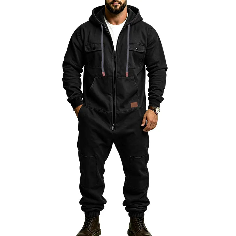 Men’s Hooded Cargo Jumpsuit for Men, Multi-Pocket Zip Front Workwear Coveralls, Relaxed Fit Long Sleeve Utility One Piece Outfit, Outdoor Work Hiking Camping Travel Streetwear Casual Overall with Elastic Cuffs and Drawstring Hood