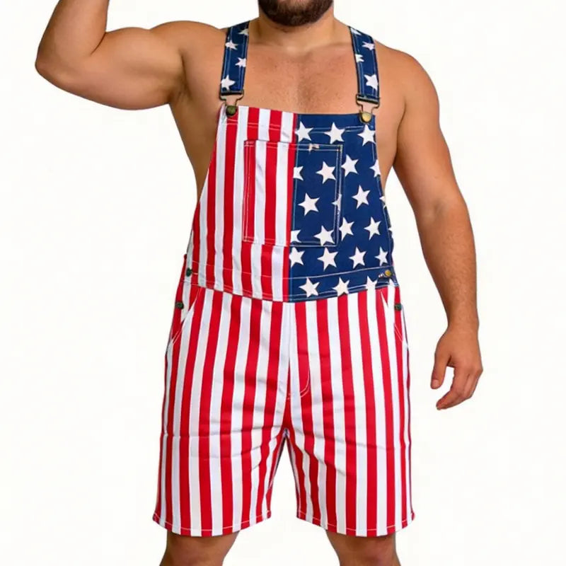 American Flag Overalls for Men and Women, Unisex Bib Pants with Soft Stretch Fabric, Breathable Summer Streetwear Outfit for Independence Day, Memorial Day, National Holiday Festivals, Parades, Parties and Casual Vacation Wear