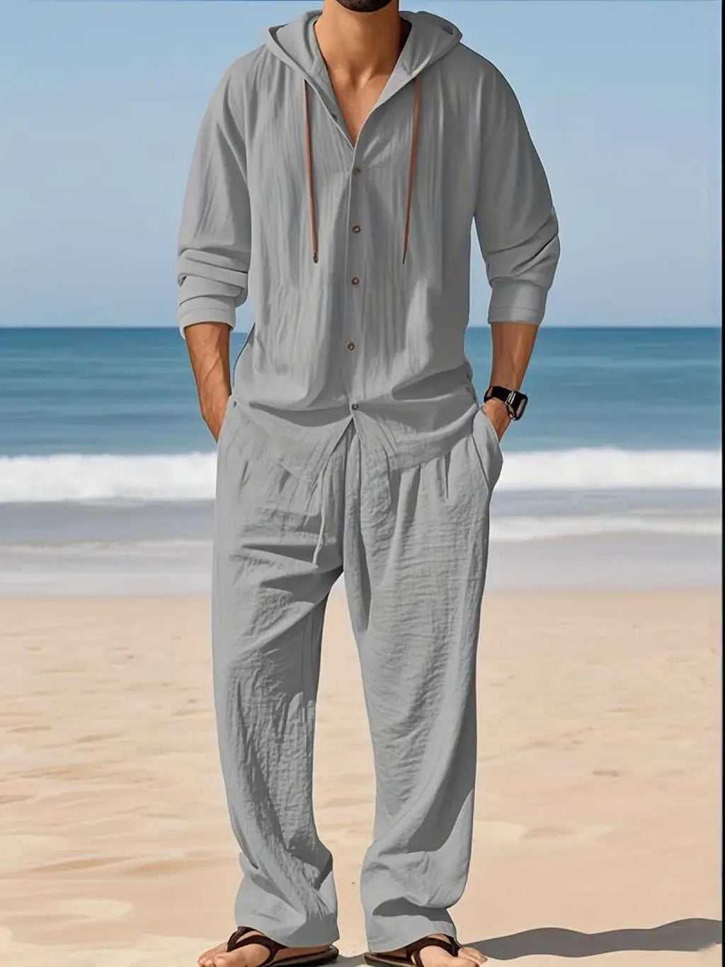 2-Piece Set Men's lightweight Trendy Hooded，Made From Soft Linen，Casual Vacation Style, Loose Fit Breathable Fabric,Long Hoodie & Wide-Leg Pants, Summer Wear outdoorfun Sweatshirt Clothes Fashion Trouser