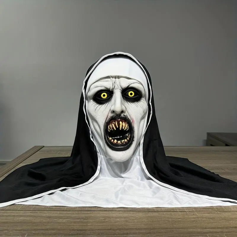 Funky Nun Latex Mask for Halloween - Creepy Horror Costume Accessory with Yellow Eyes & Distorted Teeth for Halloween & Cosplay