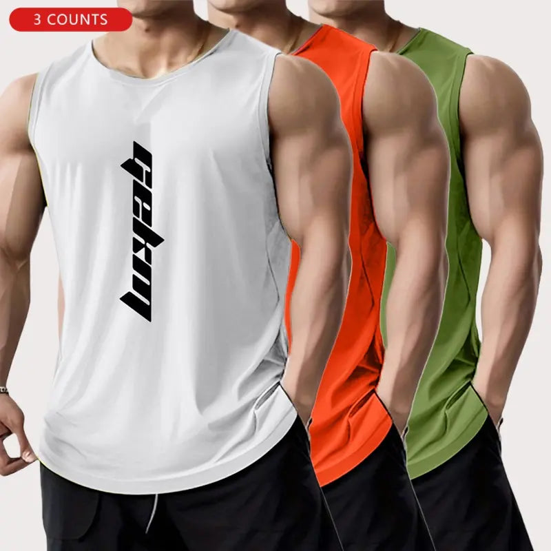 3-Pack Men's Letter Print Basketball Jersey Tank Tops - Breathable Polyester Mesh