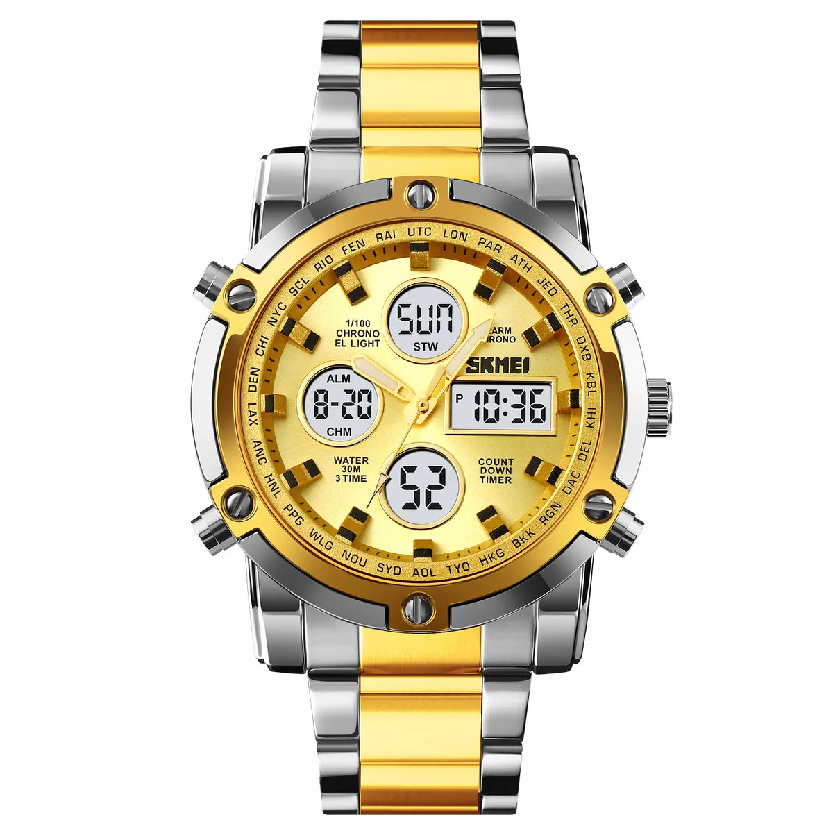SKMEI Luxe Men's Casual Trendy Wristwatch - 2-Tone Stainless Steel Analog-Digital, 3 Time Zones, Illuminated Screen, Backlight, Alarm, Waterproof Chronograph Watch, Birthday Gift for Him