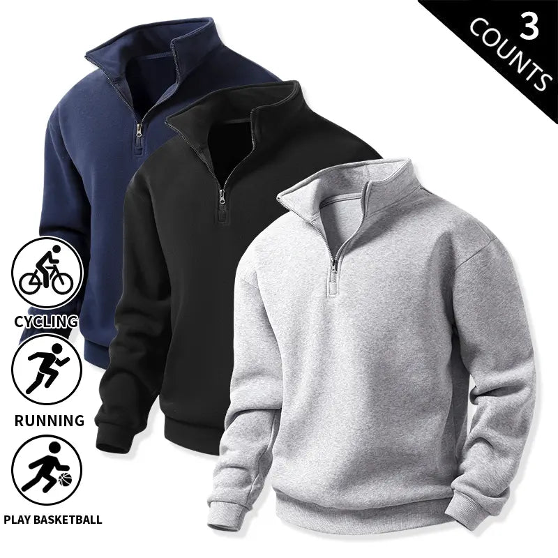 Men’s 3-Pack Quarter-Zip Fleece Sweatshirts, Soft Stand-Collar Loose-Fit Athletic Long-Sleeve Pullover Tops