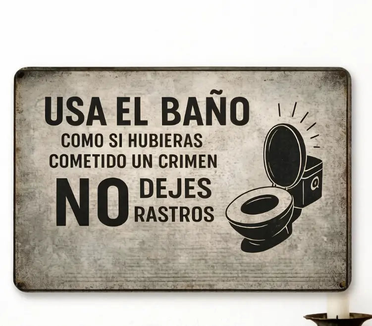2D Flat 1pc Spanish Slogan Vintage Sign 7.87x11.81inch | Metal Decorative Painting, Printed with "USA EL BAÑO COMO SI HUBIERAS COMETIDO UN CRIMEN NO DEJES RASTROS" and a Toilet Image, Suitable for Bathroom, Restroom, and Other Space