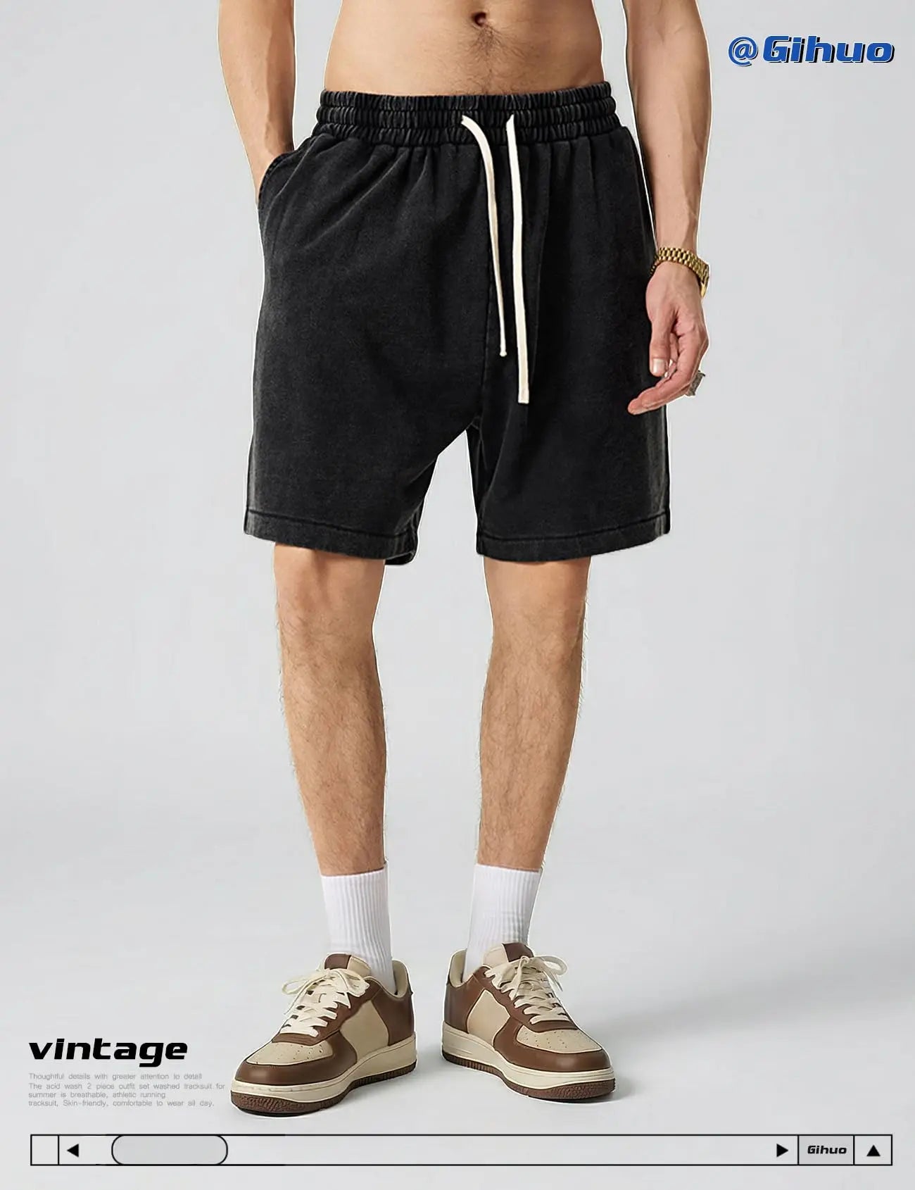 Gihuo Mens Unisex Sweat Shorts Cotton Athletic Shorts Vintage Acid Wash Elastic Waist Drawstring Workout Shorts with Pockets Womenswear Basic Bottom Casual Minimalist