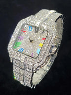 Men's Rhinestone Decorated Square Quartz Watch, Rhinestone Embellished Watch, for Men As Gift with Box, Square Dial, Stainless Steel Wristwatch, Rhinestone Watches