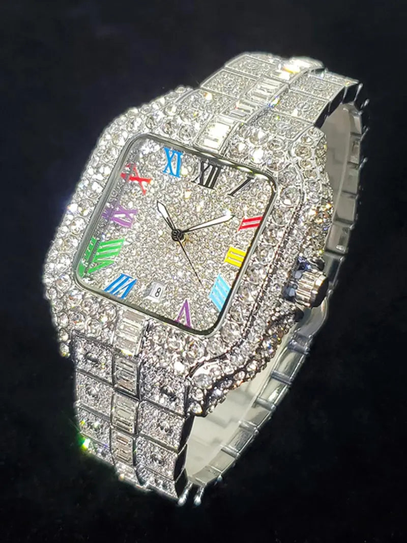 Men's Rhinestone Decorated Square Quartz Watch, Rhinestone Embellished Watch, for Men As Gift with Box, Square Dial, Stainless Steel Wristwatch, Rhinestone Watches