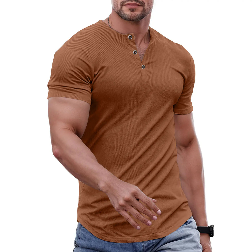 Men's Slim Fit Henley Athletic Longline Workout T-Shirt Heavyweight Stretch