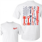 Men's Vintage Milwaukee Tools Mechanic Graphic Tee - All-Season Wear, Basic Loose Round Neck Short-Sleeve Black Cotton Tshirt, USA Flag Print Menswear Tops