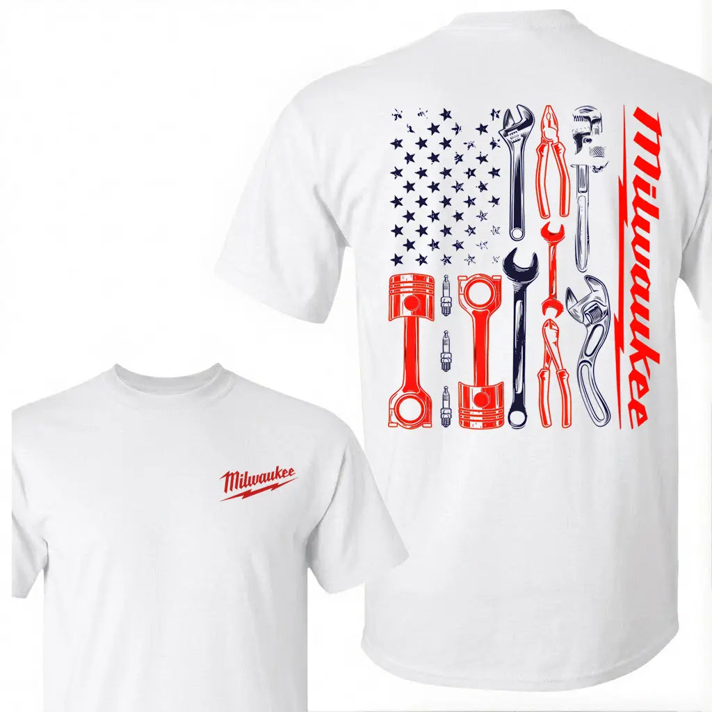 Men's Vintage Milwaukee Tools Mechanic Graphic Tee - All-Season Wear, Basic Loose Round Neck Short-Sleeve Black Cotton Tshirt, USA Flag Print Menswear Tops