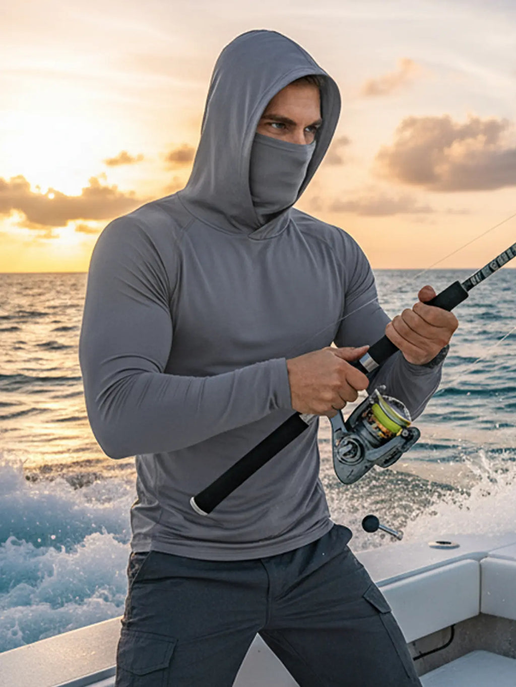 Men’s hooded sports tops available in sets of 6 or 3, featuring a mask design, high-stretch quick-dry fabric, sun protection and breathability—ideal for outdoor activities, fishing, and working outdoors in sunny conditions.