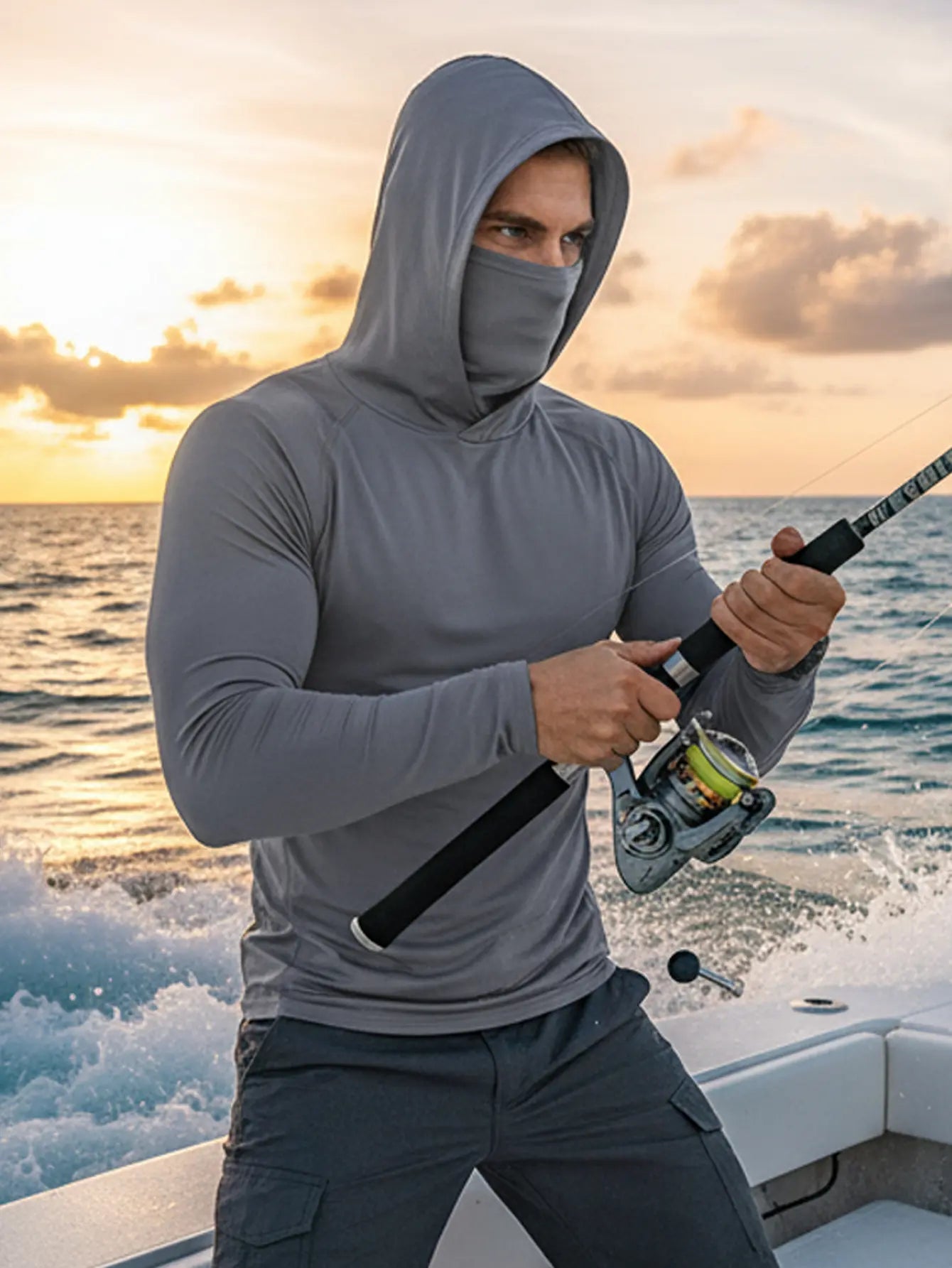 Men’s hooded sports tops available in sets of 6 or 3, featuring a mask design, high-stretch quick-dry fabric, sun protection and breathability—ideal for outdoor activities, fishing, and working outdoors in sunny conditions.
