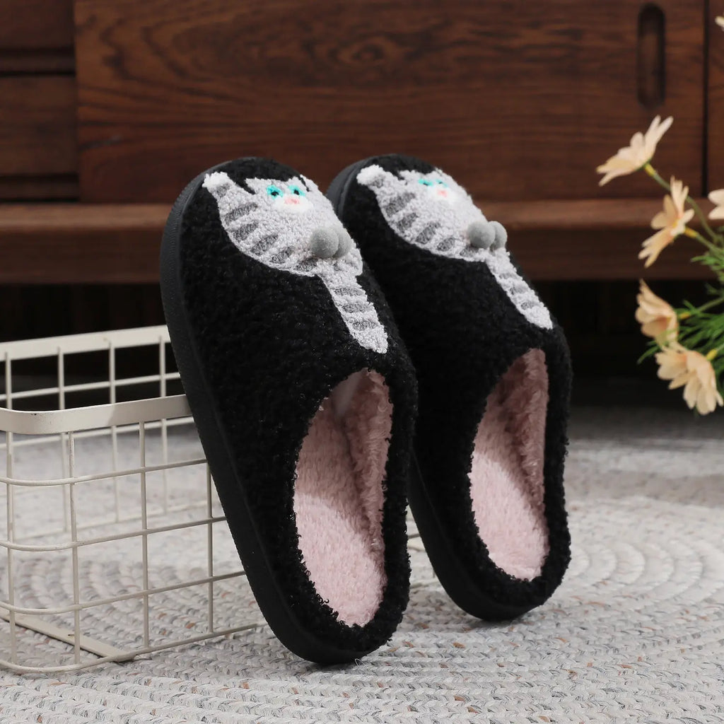 Women's Cat Cotton Slippers Fun & Comfortable Plush Footwear for Men & Women Autumn Winter Indoor Use Cozy Stylish - Girl Black