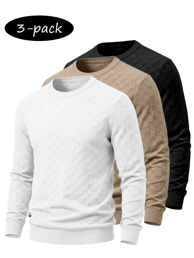 4-Pack Men's Plaid Knit Sweatshirts, Textured Grid Pattern Long Sleeve, Soft Lightweight Casual Top, Ideal for Fall Winter Streetwear