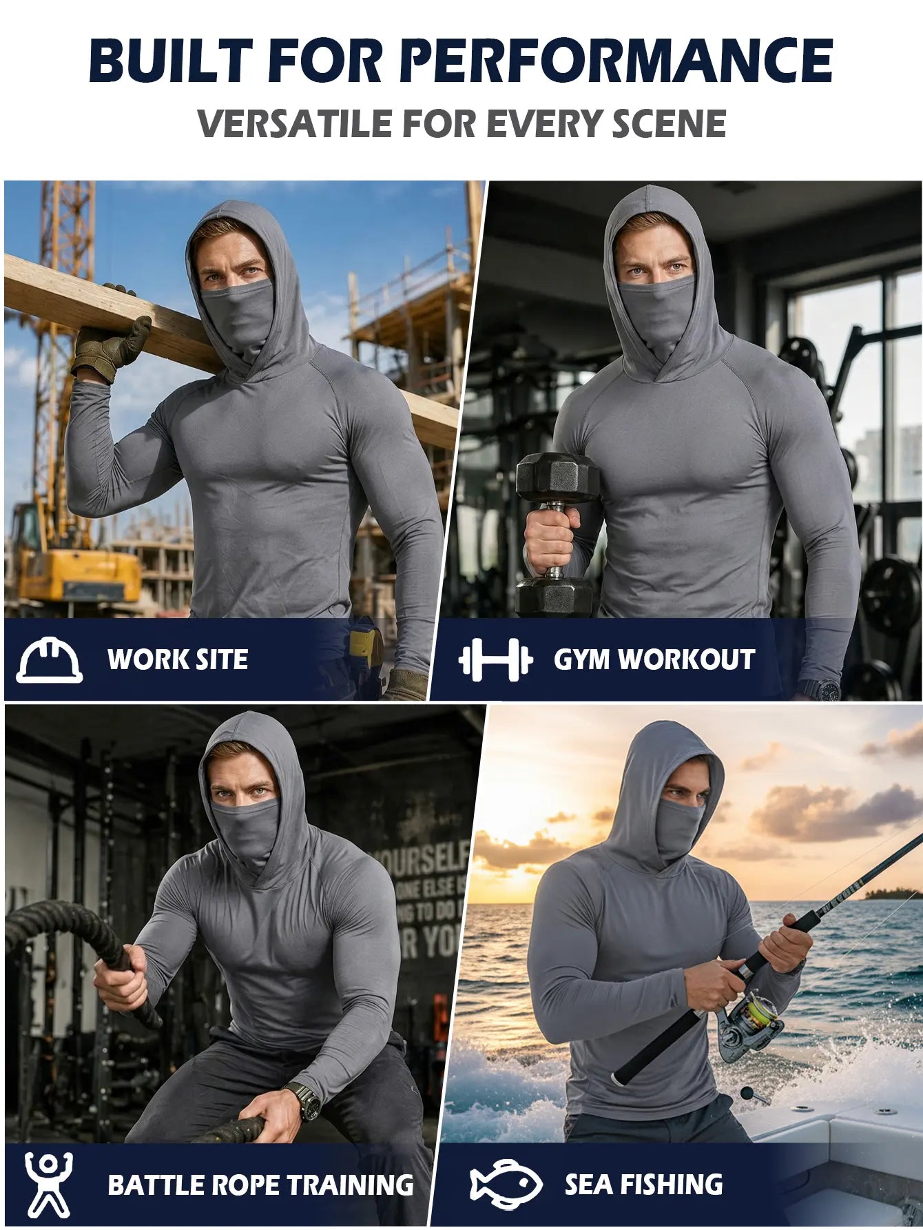 Men’s hooded sports tops available in sets of 6 or 3, featuring a mask design, high-stretch quick-dry fabric, sun protection and breathability—ideal for outdoor activities, fishing, and working outdoors in sunny conditions.
